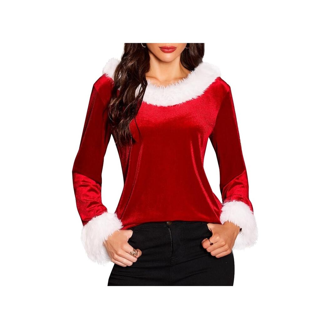 Xmas V Neck Fur Trim Sweaters Casual Loose Sweatshirts Small